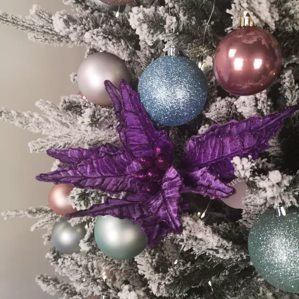 Image of 50cm Purple Velvet Poinsettia Stem with Glitter Christmas Decoration