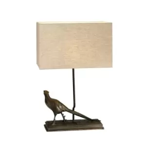 Image of Table Lamp Pheasant Statuette Natural Hessian Shade Bronze Patina LED E27 40w