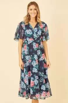 Image of Navy Floral Wrap Midi Dress With Tiered Hem