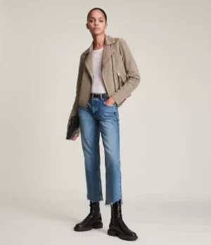 Image of AllSaints Womens Suede Dalby Biker Jacket, Light Grey, Size: 6