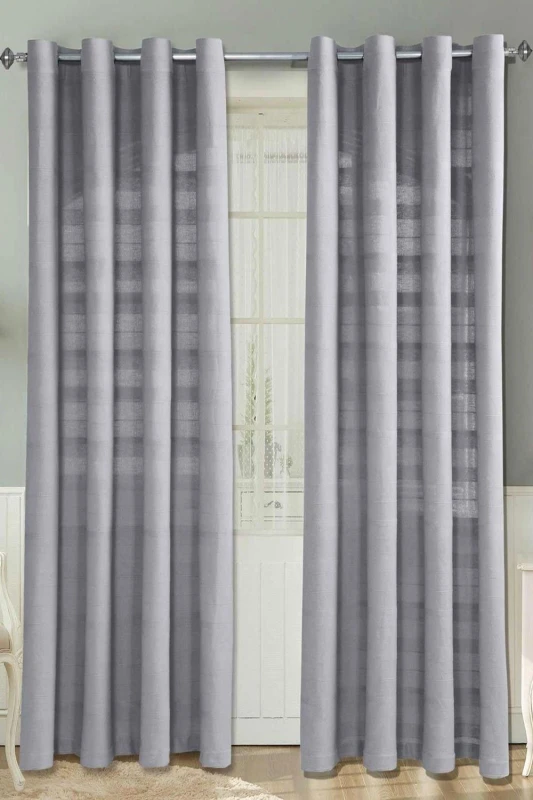 Image of Homescapes Cotton Rajput Ribbed Silver Grey Curtain Pair, 66 X 72"