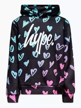 Image of Hype Girls Scribble Heart Pink Script Hoodie, Black, Size Age: 9-10 Years, Women