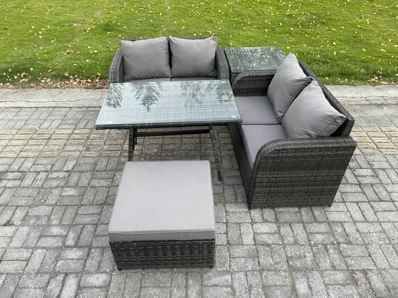 Image of Fimous Outdoor Garden Furniture Sets 5 Pieces Wicker Rattan Furniture Sofa Sets with Rectangular Dining Table Dark Grey