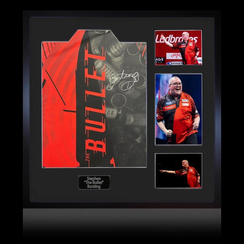 Image of The Fan Cave Stephen Bunting Signed 2025 Shirt Elite Frame Red & Black unisex 820mm x 82