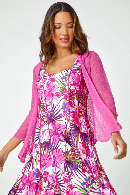 Image of Roman Womens Textured Pointelle Detail Shrug in Fuchsia Size: 14 Fuchsia Female 14
