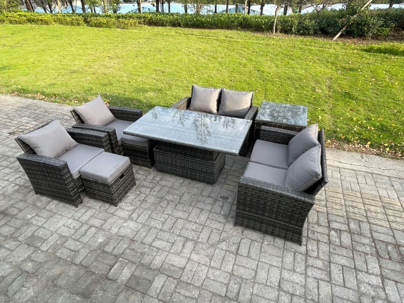 Image of Fimous Rattan Garden Furniture Sets 8 Seater Patio Outdoor Rising Lifting Table Sofa Set with Double Seat Sofa Side Table in Dark Grey Dark Grey Unise