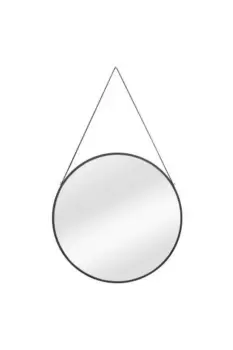 Image of Amos Round Metal Mirror With Leather Hanging Strap Black 50Cm