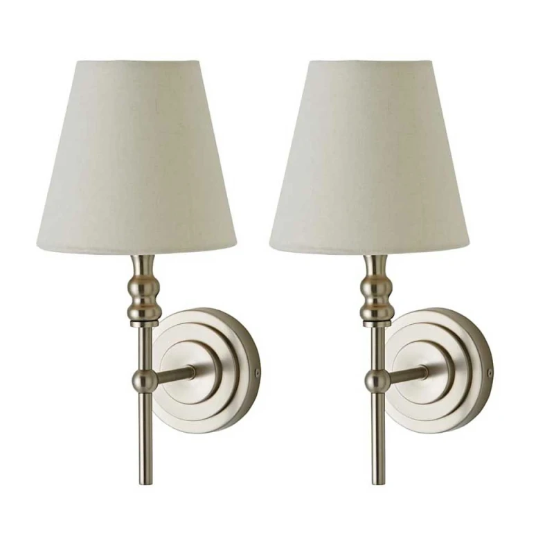 Image of ValueLights Maggie Pair of Wall Lights with Linen Tapered Lamp Shades & Bulbs in Silver Silver Unisex