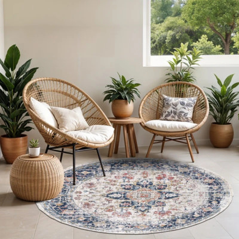 Image of Livabliss Round In- & Outdoor Oriental Boho Dark Blue Selma Area Rug 160 X 160 Cm - Easy To Clean, Perfect For Balcony Or Dining Room