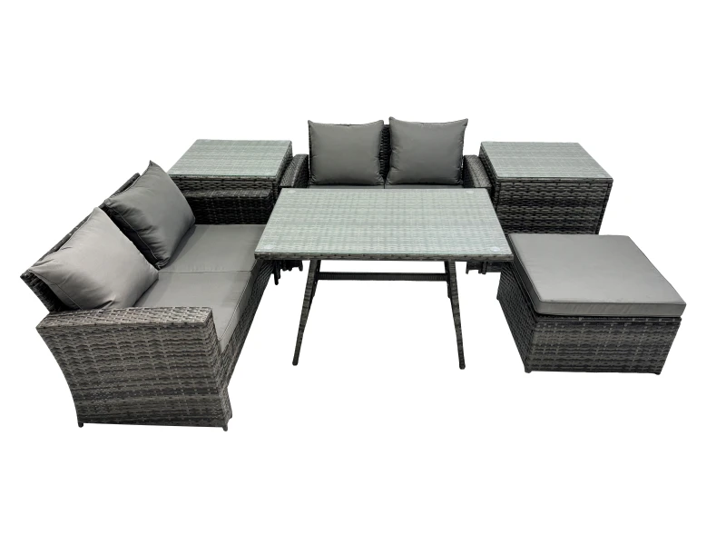 Image of Fimous 5 Seater Outdoor Table Double Seat Sofa Big Stool 2 Side Table Set in Dark Grey Dark Grey Unisex