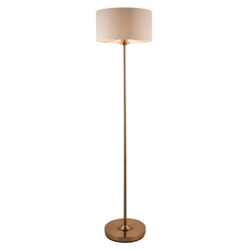 Image of Highclere Floor Lamp with Shade Vintage Brass, Natural Linen, 1x E27