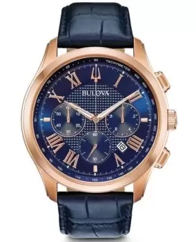 Image of Bulova Classic Blue Chronograph Dial Blue Leather Strap Mens Watch 97B170 97B170