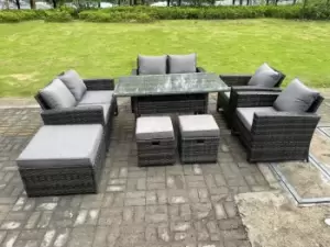 Image of Fimous 6 Seater Outdoor Dark Grey High Back Rattan Lounge Complete Sofa Set with 2 Stools and Big Footstool