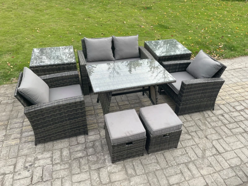 Image of Fimous Rattan Wicker Garden Furniture Patio Conservatory Sofa Set With Rectangular Dining Table Armchair For Garden