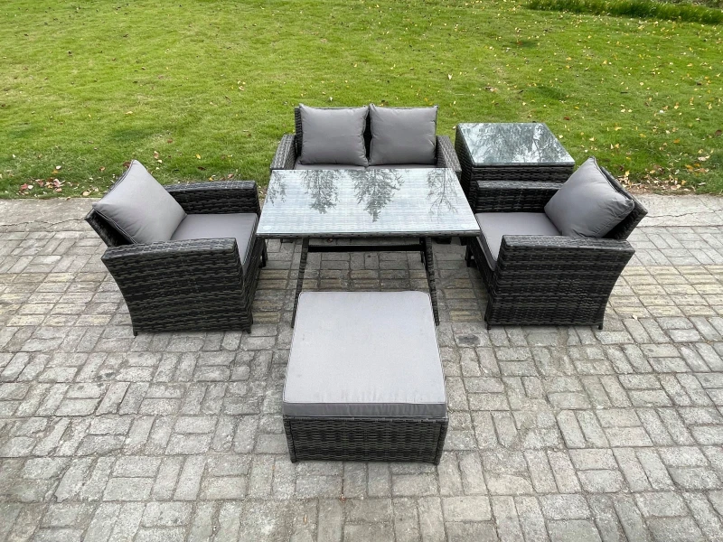 Image of Fimous Outdoor Garden Furniture High Back Rattan Sofa Dining Table Set with Big Footstool Side Table in Dark Grey Dark Grey Unisex