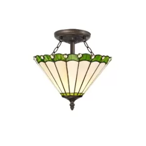 Image of 2 Light Semi Flush Ceiling E27 With 30cm Tiffany Shade, Green, Crystal, Aged Antique Brass