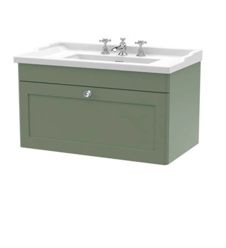 Image of NUIE Classique Wall Hung 1-Drawer Vanity Unit with Traditional Basin 800mm Wide Satin Green - 3 Tap Hole - Nuie CLC896G