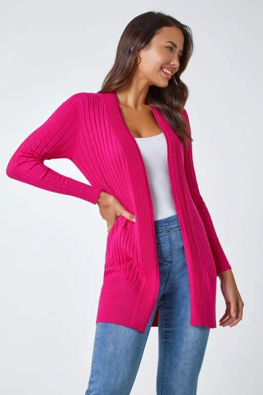 Image of Roman Womens Longline Stretch Ribbed Cardigan in Cerise Size: 14 Cerise Female 14