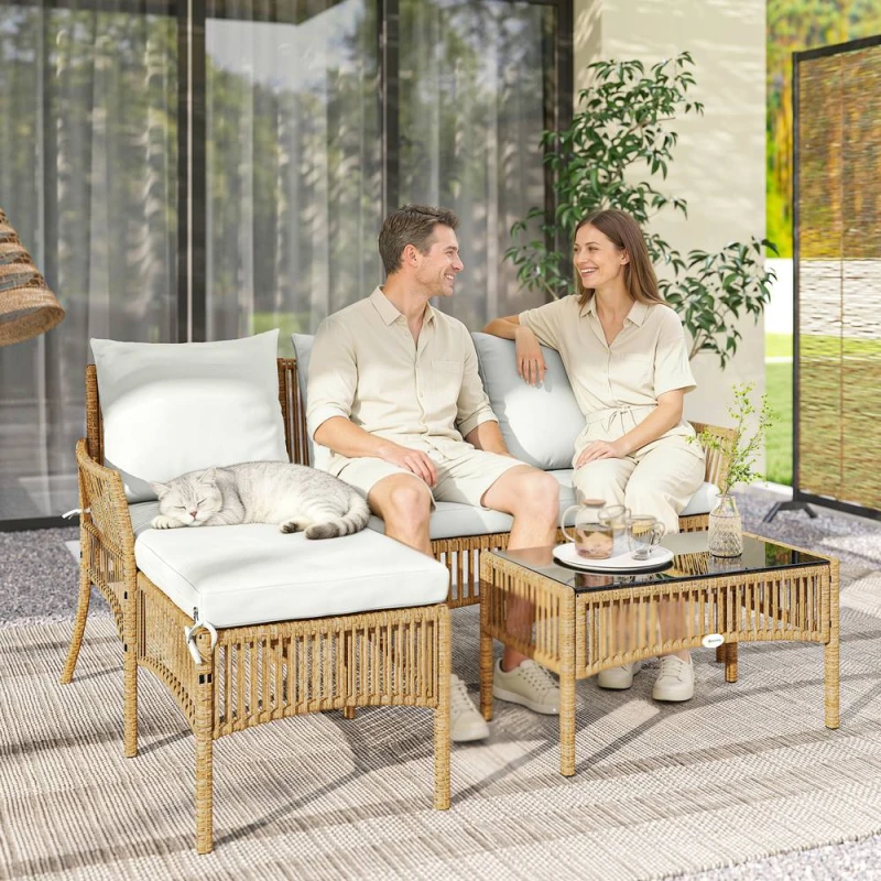 Image of OUTSUNNY 3 Piece Rattan Garden Furniture Set with Cushions, Natural Wood Natural Unisex