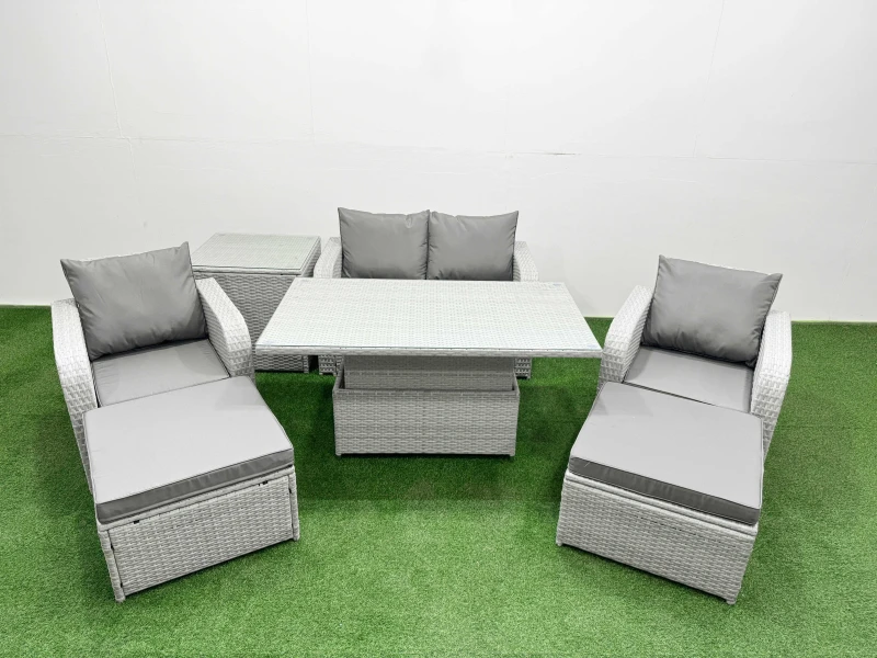 Image of Fimous Light Grey PE Wicker Rattan Garden Furniture Set Sofa Set Reclining Chair Adjustable Lifting Dining or Coffee Table 6 Seater 2 Big Stools Side