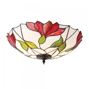 Image of 2 Light Large Ceiling Flush Light Dark Bronze, Tiffany Glass, E27