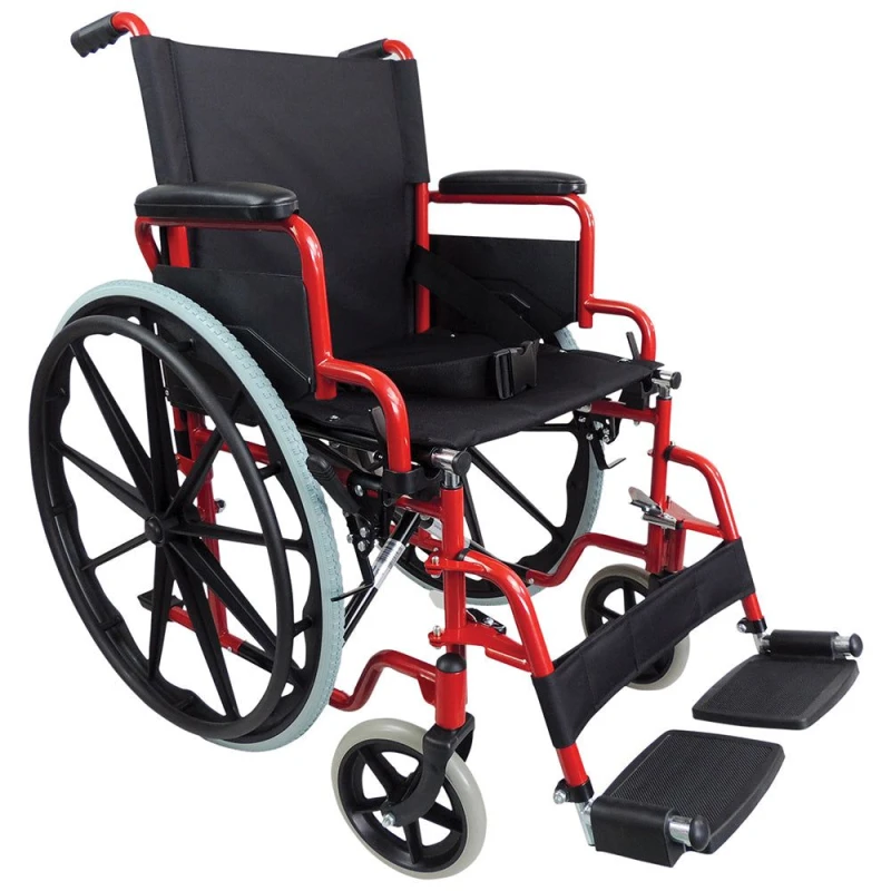 Image of Loops Lightweight Self Propelled Steel Transit Wheelchair - Foldable Design - Red Metallics