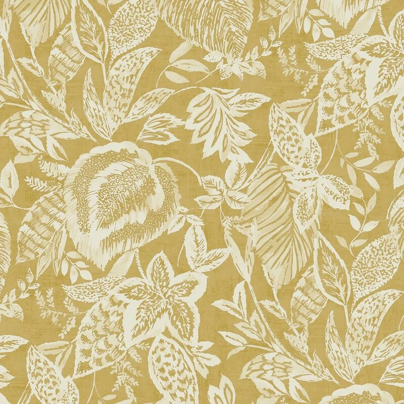 Image of Mae Ochre Wallpaper Grandeco Floral Leaf Jungle Yellow White Textured Vinyl
