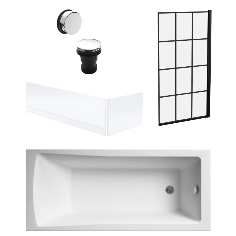 Image of Balterley Square Bath, Framed Black Screen, Panels, Chrome Waste 1700x700mm Silver