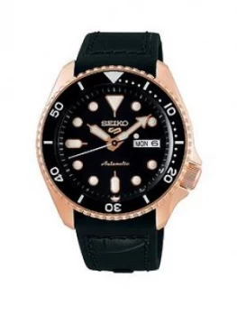 Image of Seiko Seiko 5 Black Croc Leather Strap Rose Gold Black Dial Watch