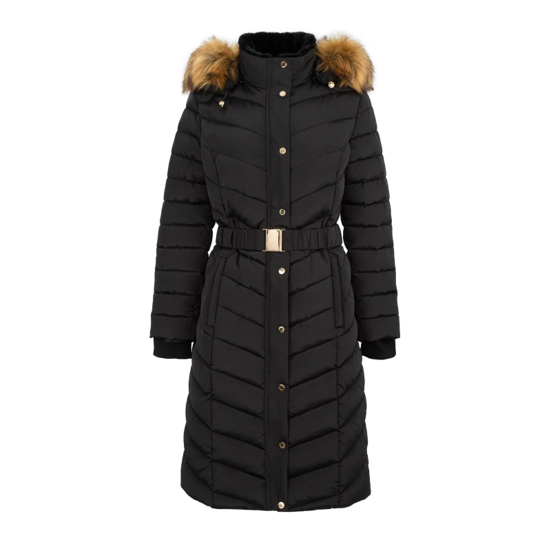 Image of Firetrap Womens Longline Belted Hooded Long Sleeve Puffer Jacket Black female 8 (36)