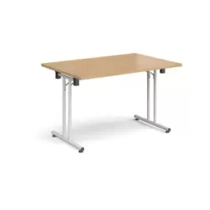 Image of Rectangular folding leg table with white legs and straight foot rails 1200mm x 800mm - oak