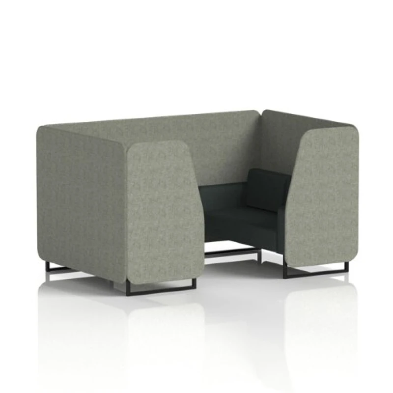 Image of Brixworth 4 Seater Office Booth with Front Panel - Black Legs in Rivet Fabric - Vitreous Panels and Charcoal Sofa