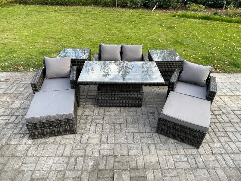 Image of Fimous High Back Rattan Garden Furniture Sofa Sets with Height Adjustable Rising Lifting Table 2 Side Tables 2 Big Footstool in Dark Grey Dark Grey Un