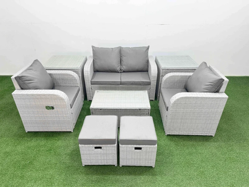 Image of Fimous Light Grey PE Wicker Rattan Garden Furniture Set Sofa Set Reclining Adjustable Chair Rectangular Coffee Table 6 Seater 2 Small Stools 2 Side Ta