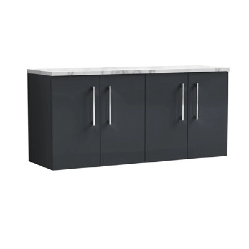 Image of Nuie Arno Wall Hung 4-Door Vanity Unit & Laminate Worktop In Carrera Marble, Modern Counter Top Vanity Unit In Soft Black