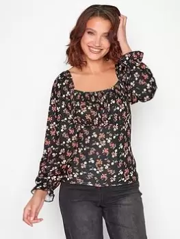 Image of Long Tall Sally Ditsy Square Neck Print Top - Black, Size 14, Women