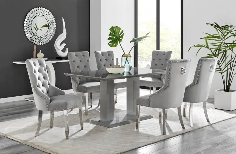 Image of FurnitureboxUK FurnitureboxUK Imperia 6 Grey Dining Table and 6 Velvet Belgravia Chairs Grey One Size Unisex 5056542687068