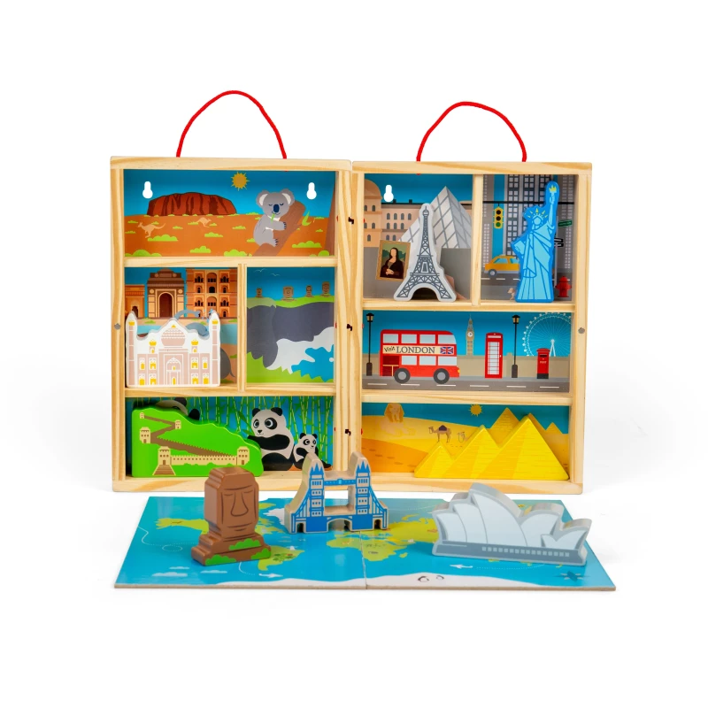 Image of Bigjigs Toys Travel Playbox - 10pcs Wooden Playset with World Landmarks & Fold-Out Play Mat, Multi 37020