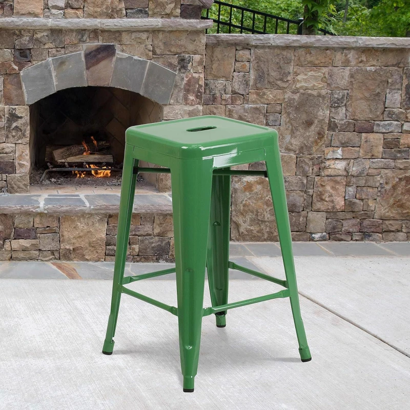 Image of FWStyle FWStyle Set Of 4 24" Green Bar Stools Galvanised Steel Indoor & Outdoor Green One Size Unisex 5056413132918