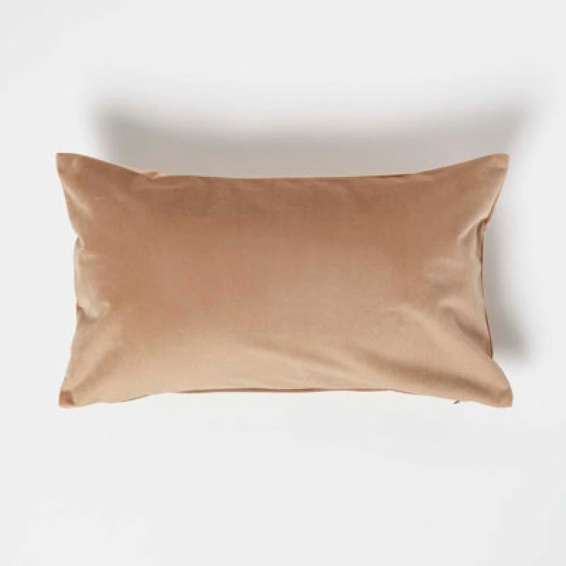 Image of Homescapes Beige Velvet Cushion, Bolster 30 X 50 Cm