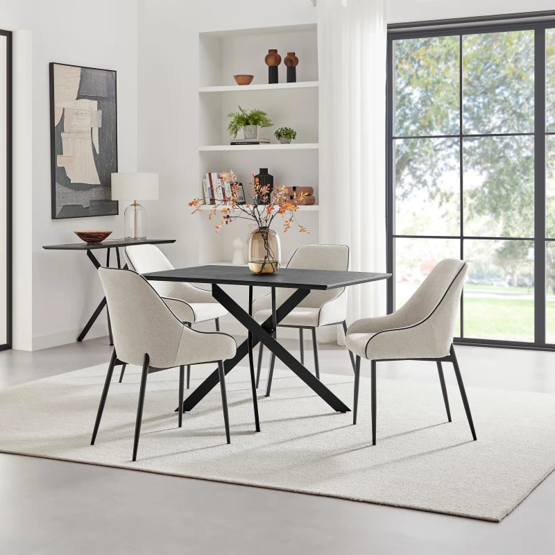 Image of FurnitureboxUK FurnitureboxUK Leonardo Black Top Dining Table & 4 Beaumont Grey Fabric Chairs in Cream Cream One Size Unisex 5056784315361