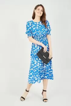 Image of Blue Floral Puff Sleeve Ruched Waist Midi Dress