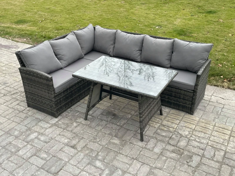 Image of Fimous Wicker Rattan Garden Furniture Corner Sofa Set with Oblong Dining Table 6 Seater Outdoor Rattan Set Dark Grey