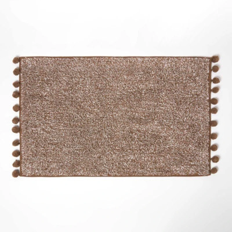 Image of Homescapes Tufted Bath Mat 100% Cotton with Pom Pom Edges Brown