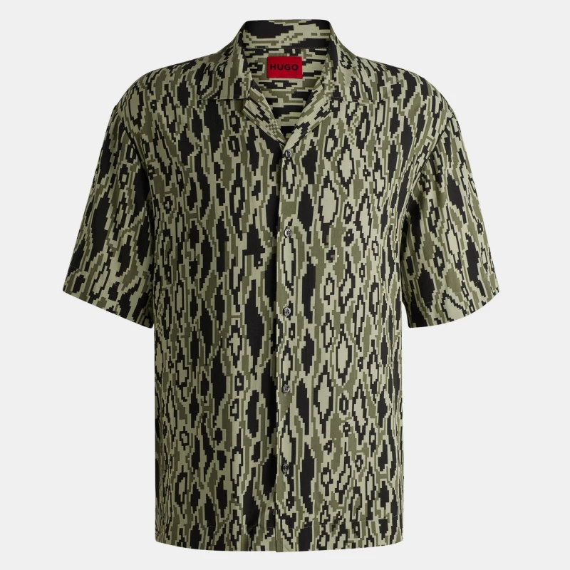 Image of Hugo Mens Espino Red Geometric Short Sleeve Tailored Fit Shirt Open Green 391 male M