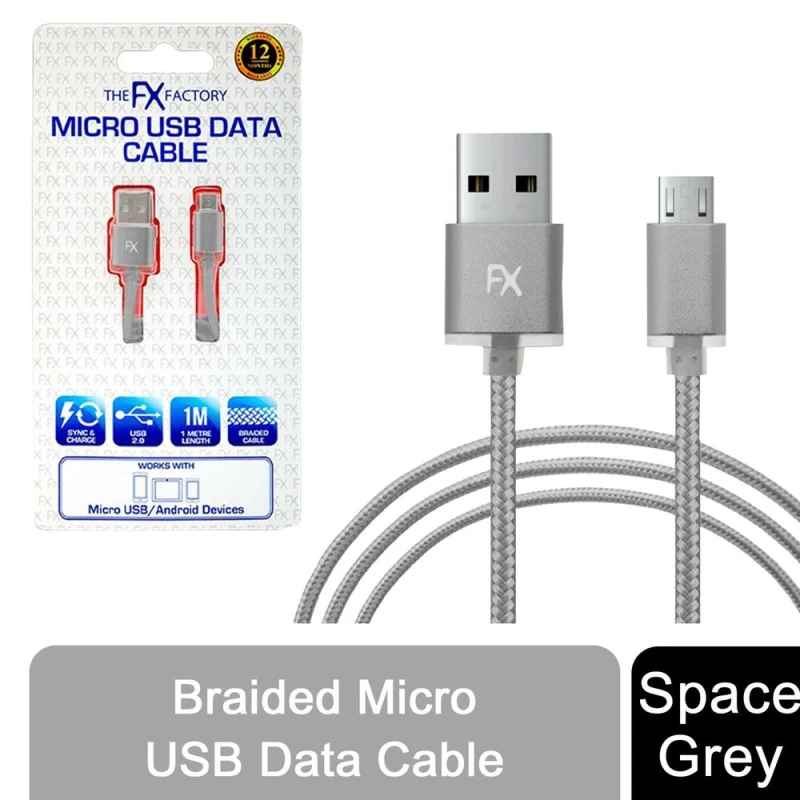 Image of FX Braided Micro USB 'Data Cable' Space Grey Grey unisex