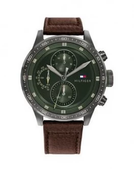 Image of Tommy Hilfiger Tommy Hiliger Green Multi Dial Brown Leather Strap Watch