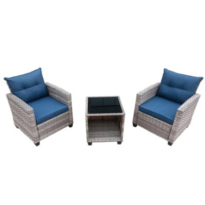 Image of 3 Pieces Outdoor Pe Rattan Bistro Set, With Tempered Glass Top Coffee Table, Thick Padded Armchair - Gray