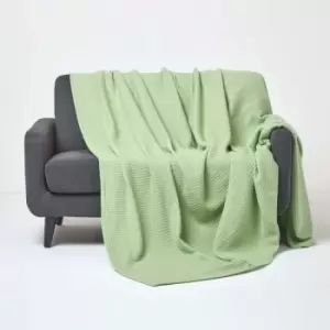 Image of Organic Cotton Waffle Blanket/ Throw Sage Green, 228 x 228cm - Green - Homescapes
