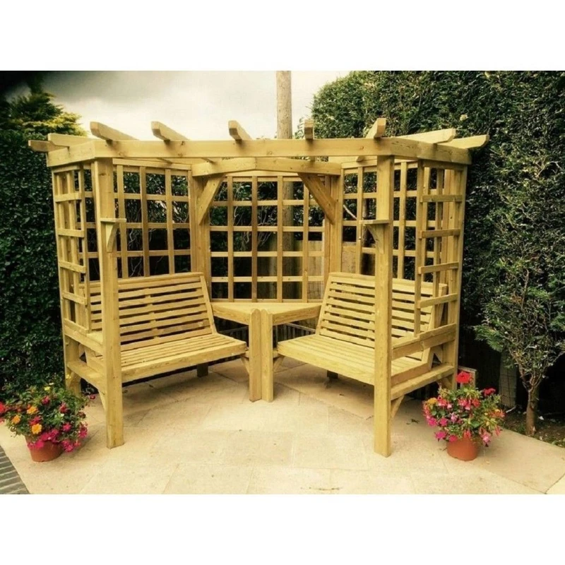 Image of Churnet Valley Garden Furniture Ltd Clementine Corner Arbour, 2 Bench & Coffee Table - Set of Cushions Inc in Brown Brown Unisex